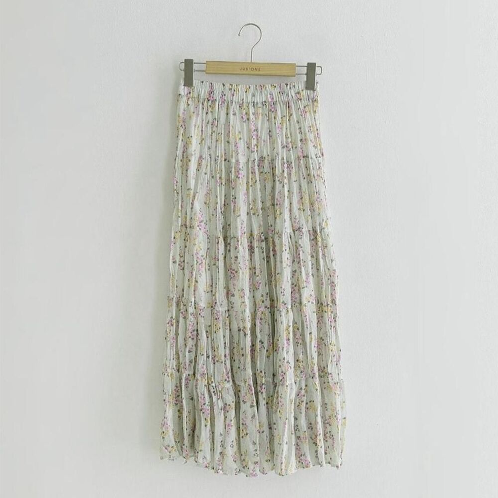 Pastel Mint Green Floral Tiered Midi Skirt